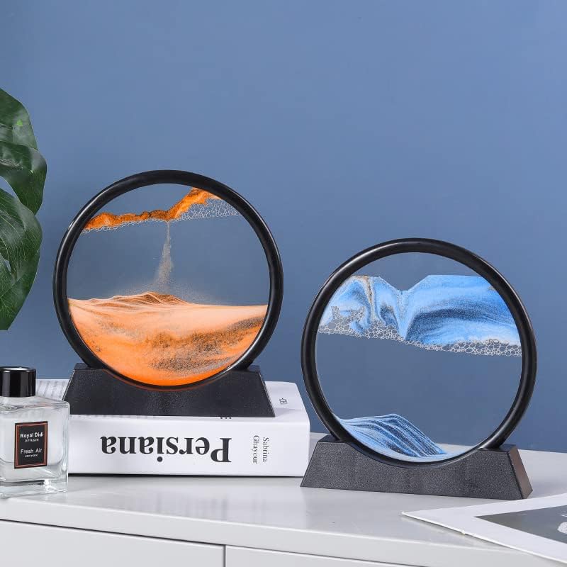 Moving Sand Art Picture in Motion Round Glass 3D Deep Sea Landscape, Dynamic Sand Art Sandscapes, Sensory Relaxing Desktop Table Decor Desk Decor Art Desk (7 inch, Orange)