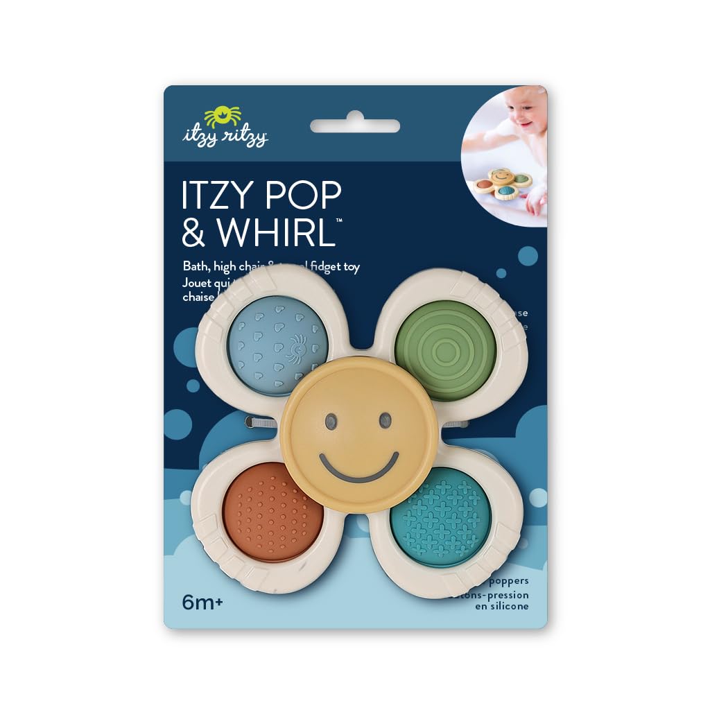 Itzy Ritzy Fidget Toy with Sensory Poppers & Suction Cup; Fidget Toy Sticks to Highchairs, Tables or Tubs While Spinning & Engaging Baby with 4 Textured Poppers, Smile