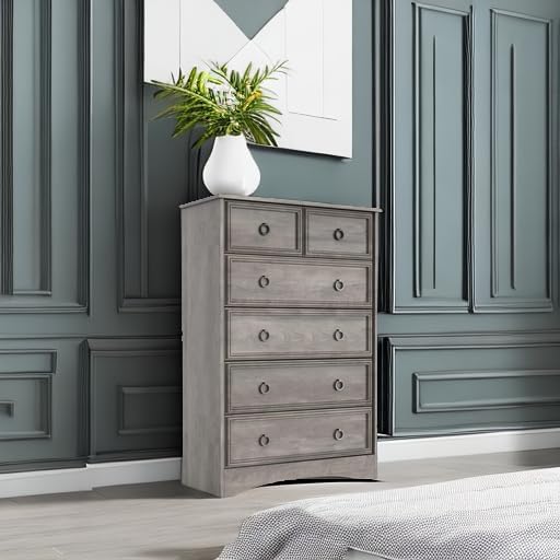 LGHM Modern 6 Drawer Dresser, Dressers for Bedroom, 44.33" Tall Chest of Drawers Closet Organizers & Storage Clothes - Easy Pull Handle, Textured Borders Living Room, Hallway, Gray
