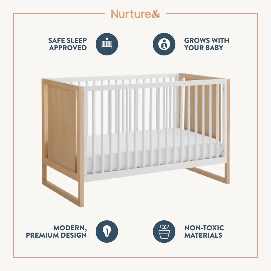 Nurture& The Crib - Baby, Toddler Convertible Crib | Sustainable Non-Toxic Materials | 3 Adjustable Heights - Grows with Your Baby (Toddler Guardrail NOT Included, Natural)