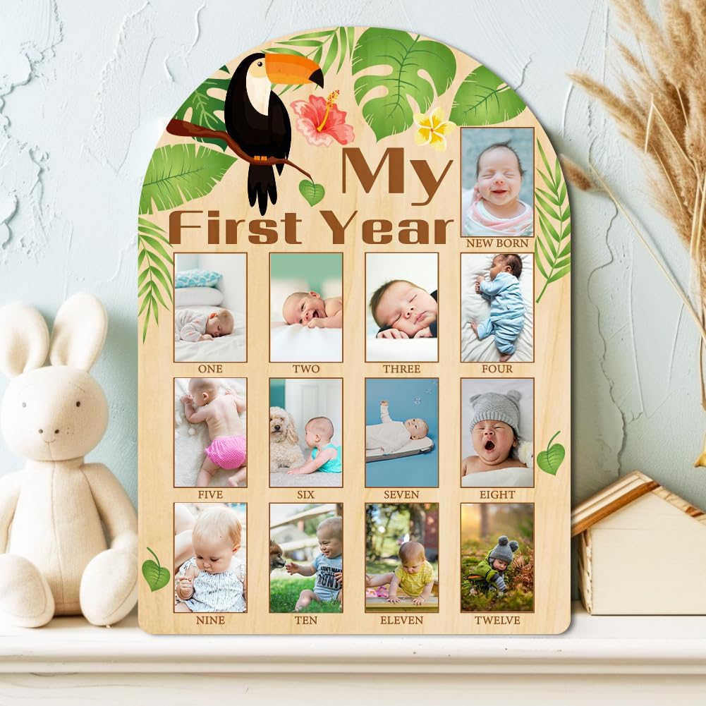 ORIGACH My First Year Baby Growth Photo Display Wood Board - 12 Months Newborn Milestones Photo Board - Neutral Baby Keepsake Board 1st Birthday Party Nursery Decor New Mom Gift - Toucan & Leaves