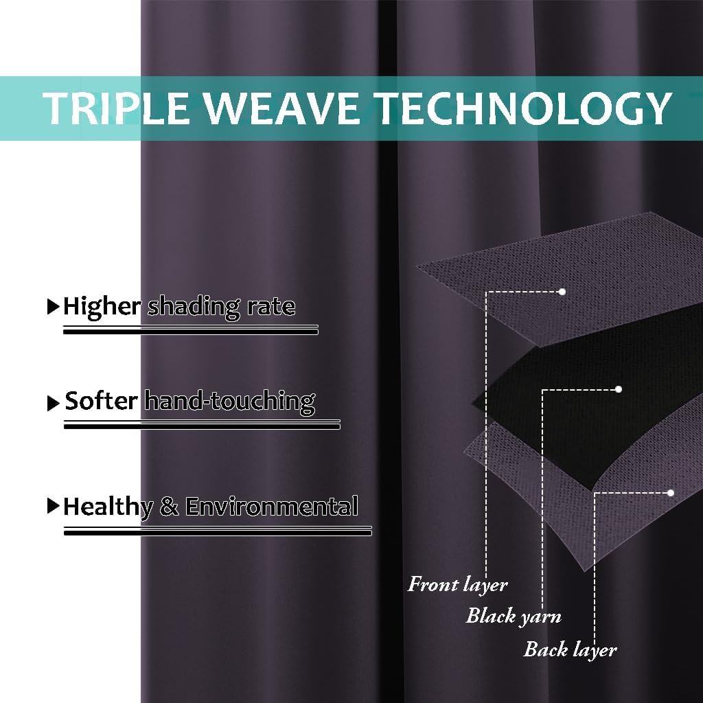 NICETOWN 100% Blackout Curtains 45 inches Long, Greyish Purple, 1 Pair, 42 inches Width Each Panel, 2 Thick Layers Completely Blackout Window Treatment Thermal Insulated Lined Drapes for Small Window