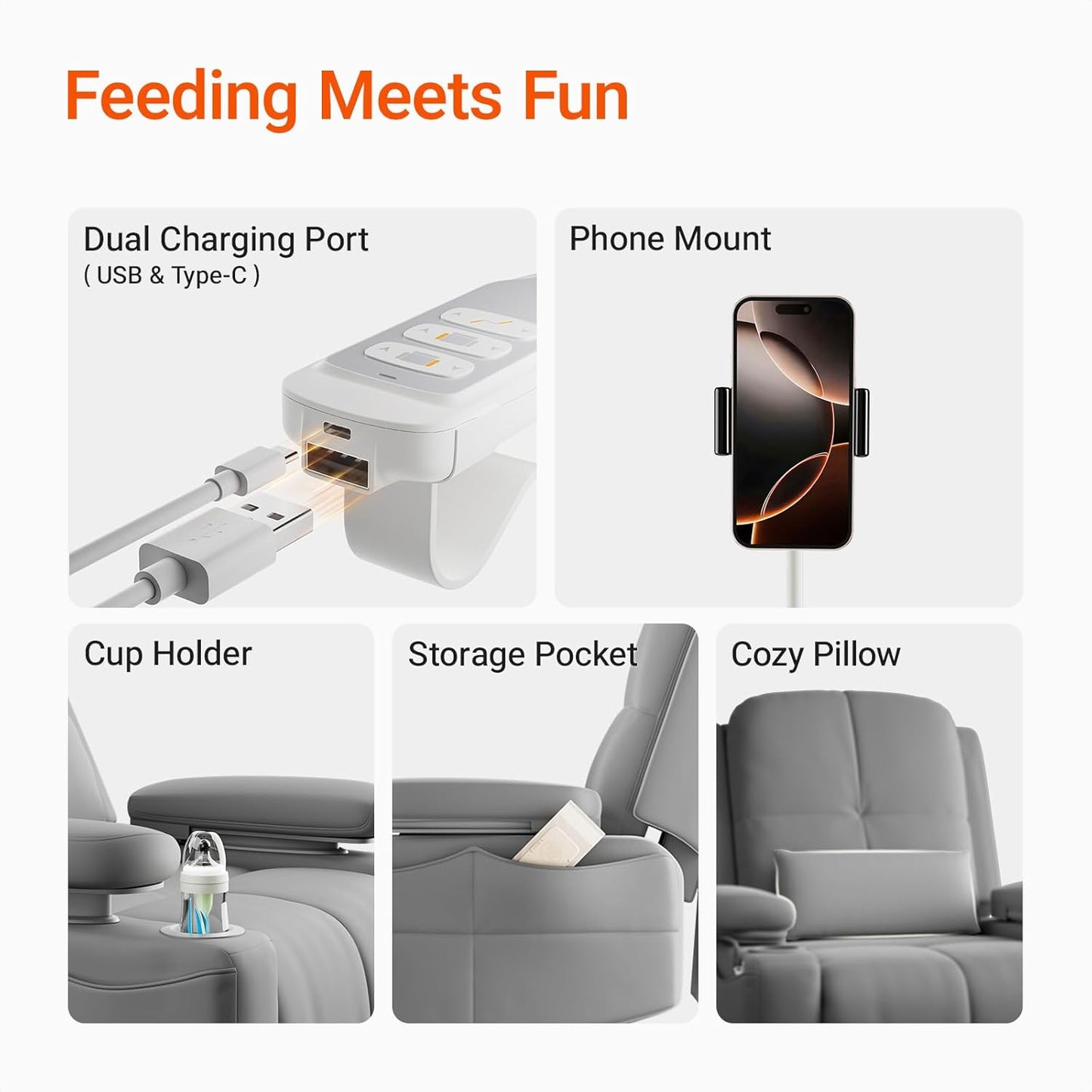 Rocking Chair Nursery with Adjustable Armrests, Electric Glider Recliner Nursing Chair for Breastfeeding, Power Swivel Recliner Chairs with USB Port and Storage, FSC Certified (Haze)