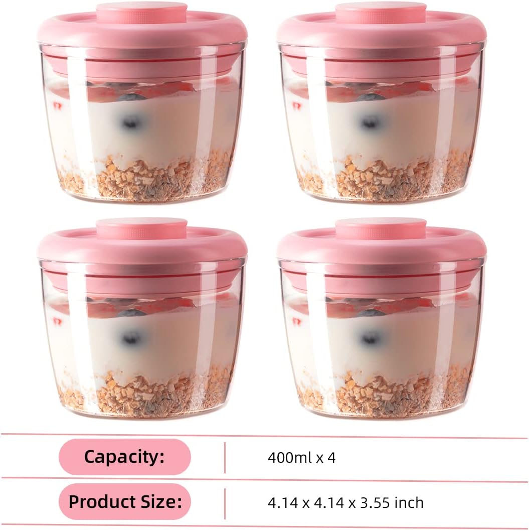 Ankou 400ml Meal Prep Container Set of 4 Pink Tritan Plastic Food Storage Containers with Lids, Airtight Leakproof Pop Top Lid Bowl for Breakfast Leftovers