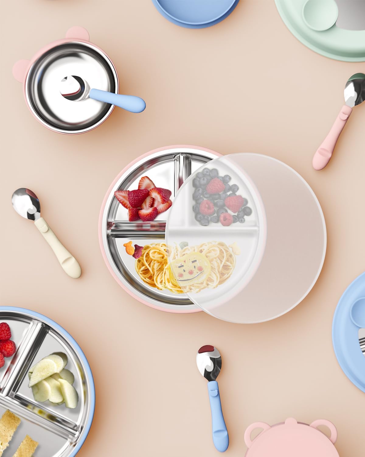 Stainless Steel Toddler Suction Plate with Lid, Deepened 9" Divided Plates with Removable Silicone Sleeves for Kids, Non Toxic Unbreakable Snack Dishes Set of 4, Sage Blue Gray Blush