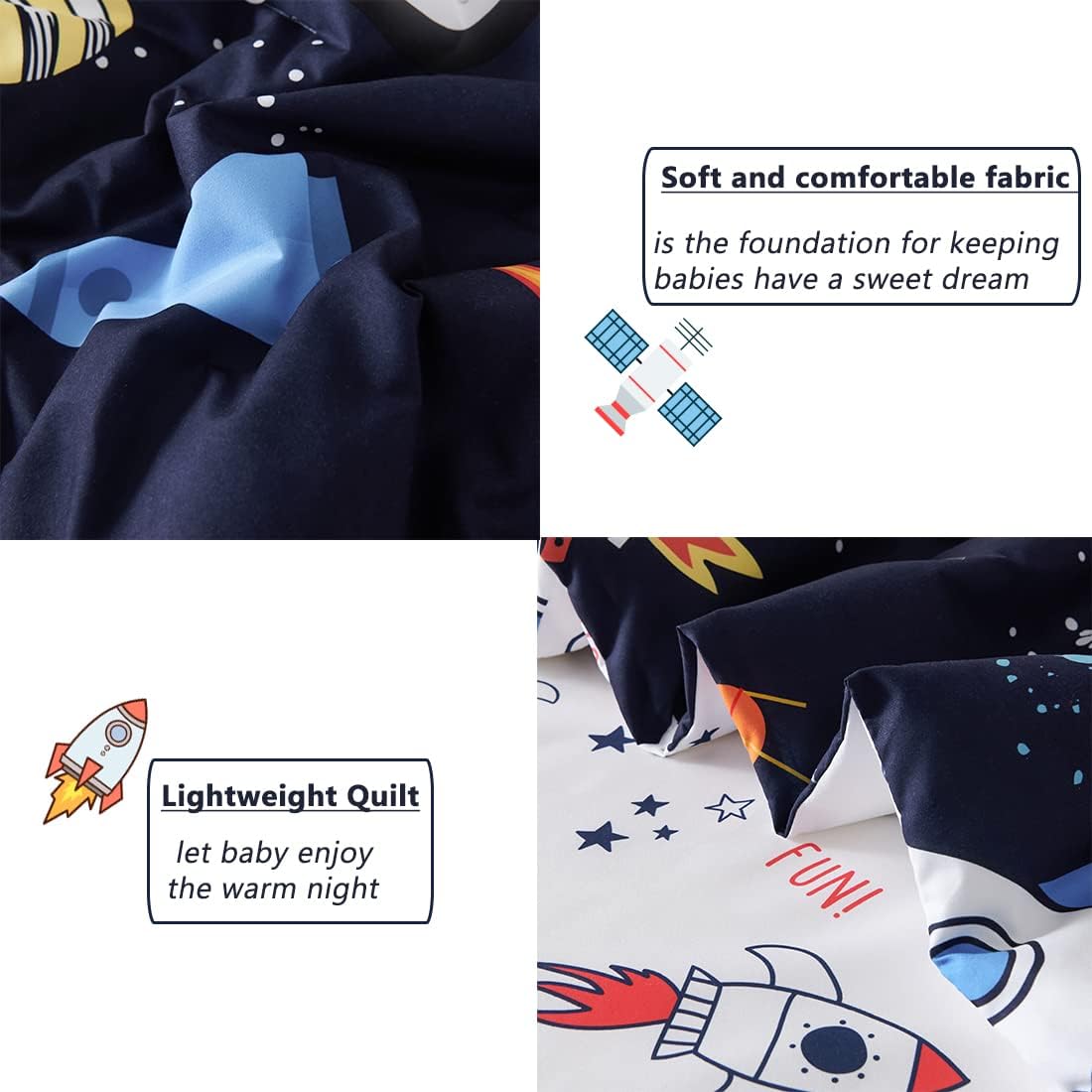 PERFEMET 4 Pcs Toddler Bedding Dark Blue Outer Space Printed Toddler Bed Set with Sheets Reversible Planet Rocket Pattern Bed in a Bag for Toddlers(Dark Blue, Planet/Rocket)