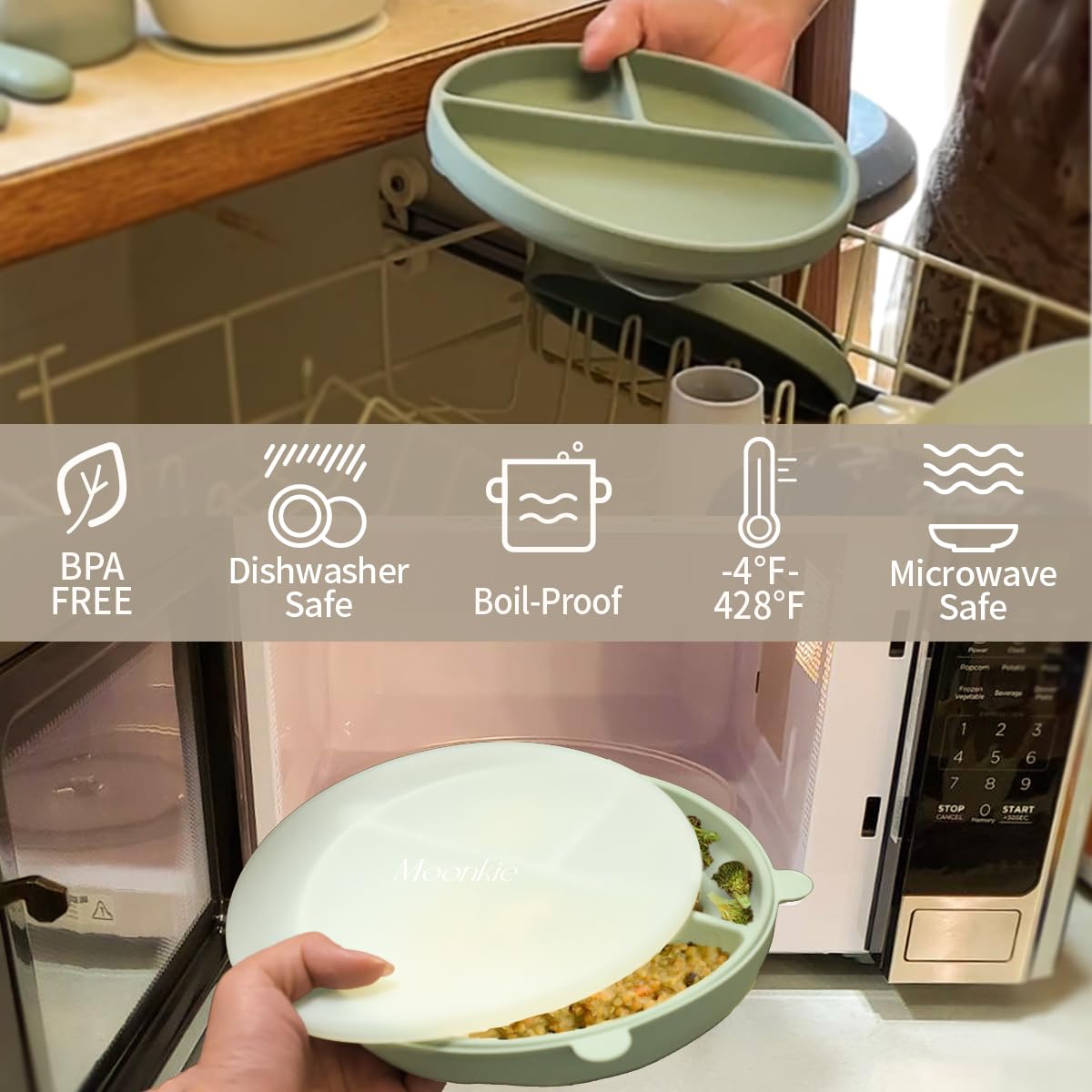 Moonkie Suction Plates for Baby | 100% Silicone BPA-Free Baby Plates| Divided Design | Microwave and Dishwasher Safe | Toddler Plates 3 Pack