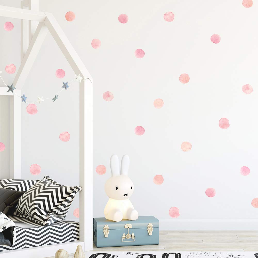 Pink Polka Dot Wall Decals 72 Pcs Watercolor Dots Wall Sticker for Kids Baby Girls Teens and Nursery Room (12 Sheets)