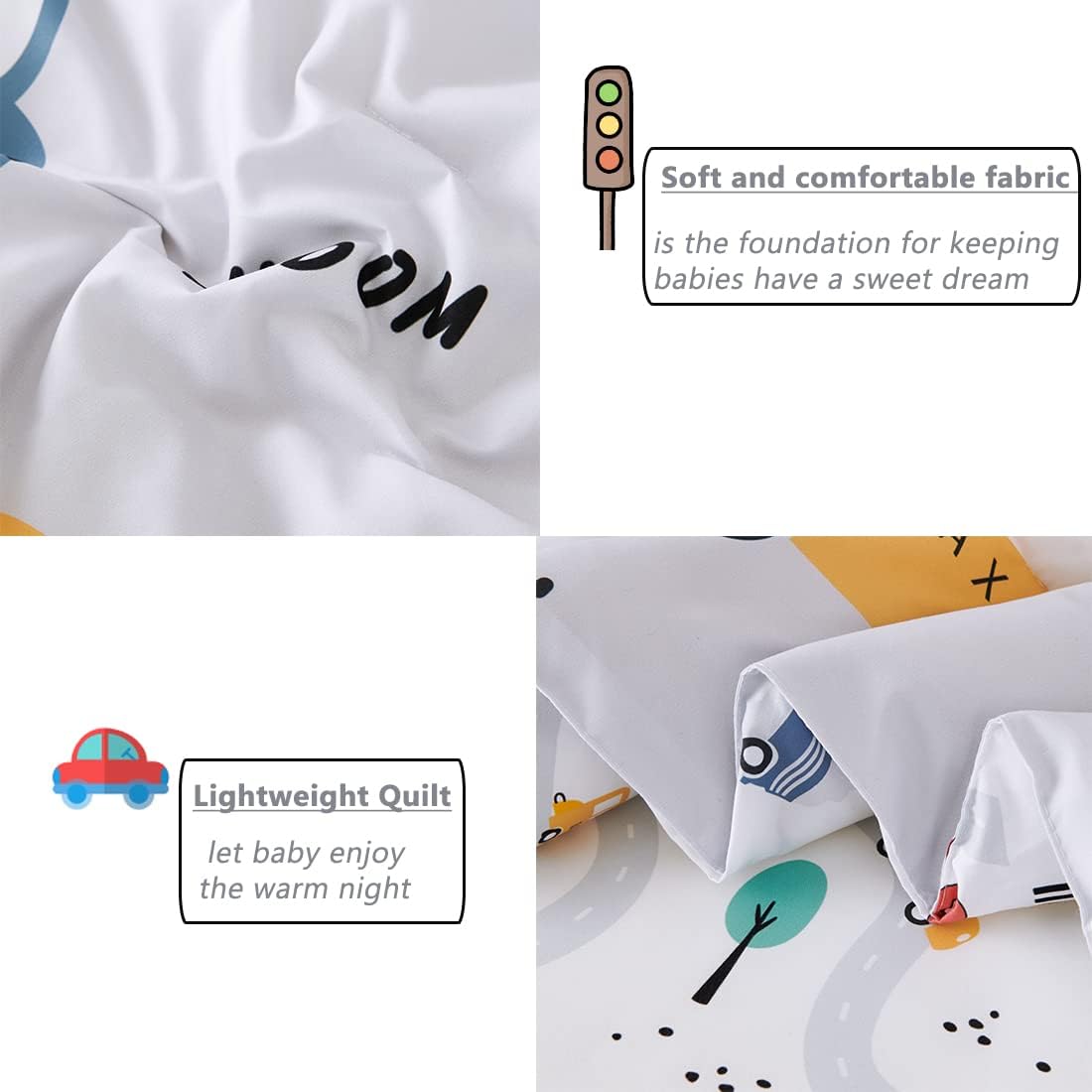 PERFEMET 4 Pcs Toddler Bedding Set - Soft Reversible Cars, Bus, Trucks Print Toddler Bed Set for Boys & Girls - Matching Sheet Set (Light Grey, Taxis/Bus/Trucks)