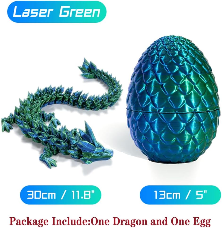 Tfork 3D Printed Dragon Eggs with Dragon Inside Crystal Articulated Fidget Dragon Easter Egg Toy Adults Funny Gift Laser Green