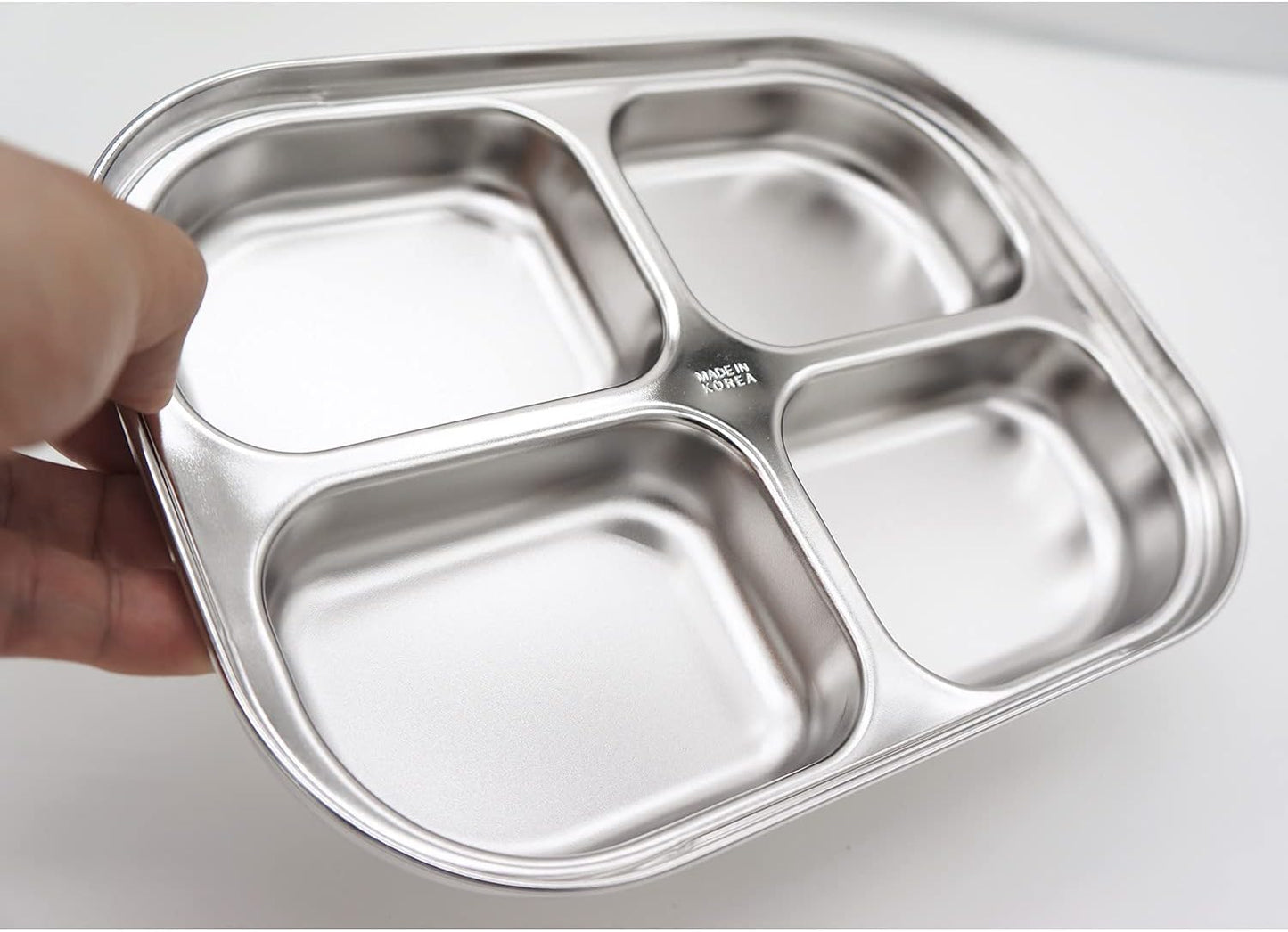 Korean Stainless Steel Divided Plates by KS&E, Little Kids Toddlers Babies Tray, BPA Free, Diet Food Control, Compact Serving Platter, Dinner Snack, 4 Compartment Plate Silver, Set of 2