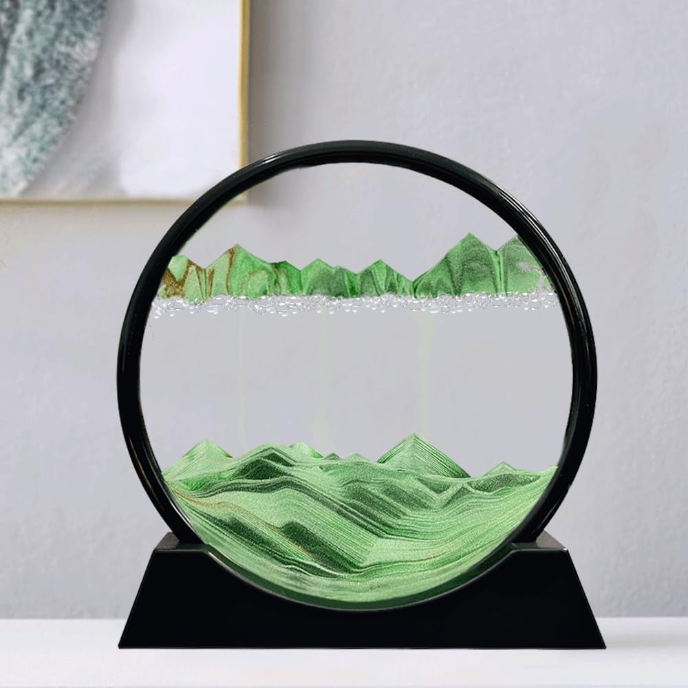 Aoderun Moving Sand Art Picture Round Glass 3D Deep Sea Sandscape in Motion Display Flowing Sand Frame Relaxing Desktop Home Office Work Decor (7", Green)