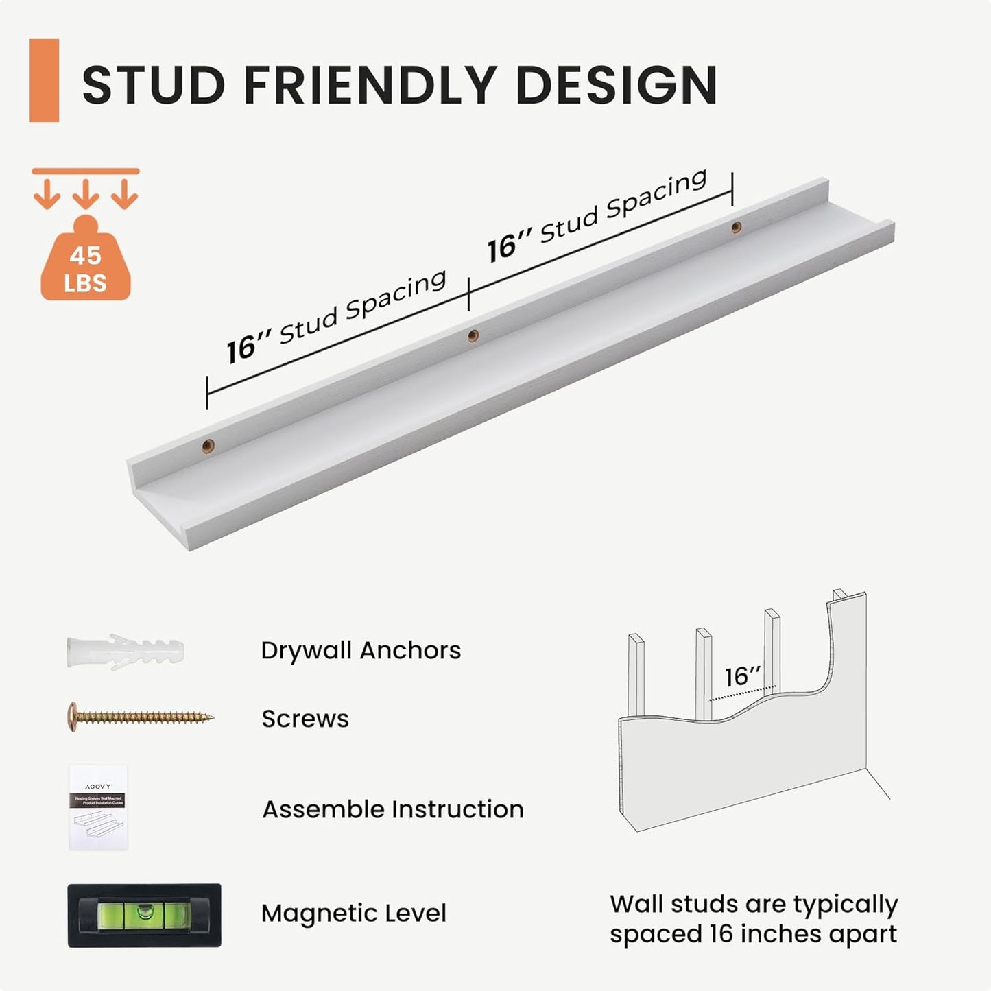 Solid Ash Wood Picture Ledge Shelf, 36 Inch Floating Shelves with Lip Set of 2, Photo Ledge Shelf Nursery Bookshelf Wall Mounted for Living Room Bedroom Decor, White