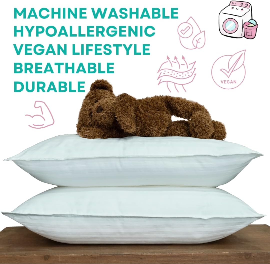 kinder Fluff Toddler Pillows for Bed (2X) - The Only Kids Pillow 300T Cotton Shell & Down Alternative Fill - Travel Pillow for Children Bedding Set Sleeping Pillow Floor Bed Pillows (14x20in - White)