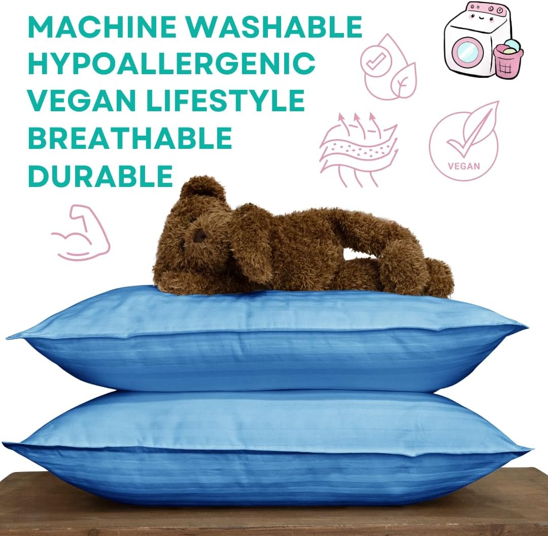 kinder Fluff Children Pillows (2-Pack) – 300T Soft Cotton & Down Alternative – Hypoallergenic, Machine Washable, Ideal for Kids Ages 12+, Bed & Travel Use – 17x26in (Blue)