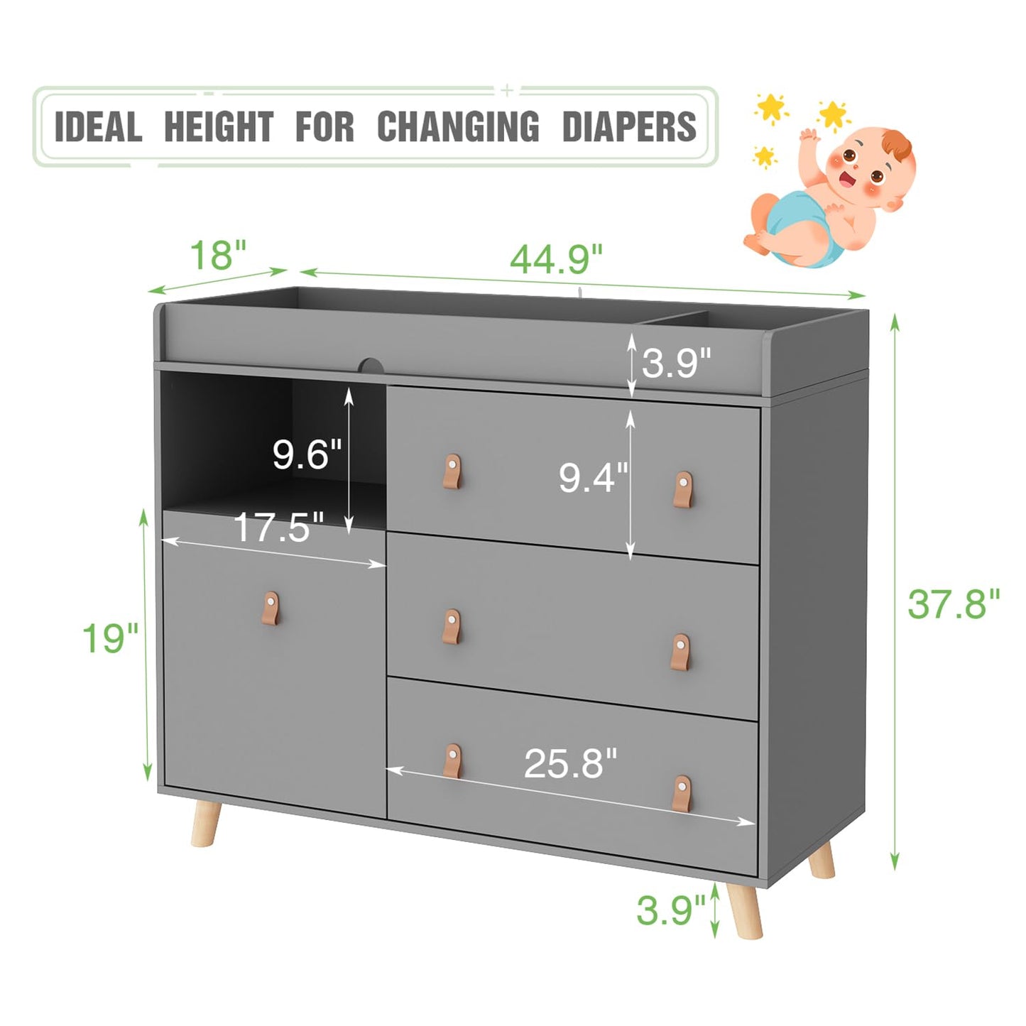 Baby Dresser Changing Table with Drawers,Shelf,Hidden Laundry Basket Storage,2 in 1 Nursery Dresser Chest for Infants, Baby Diaper Changing Station for Daycare,Bedroom,Grey