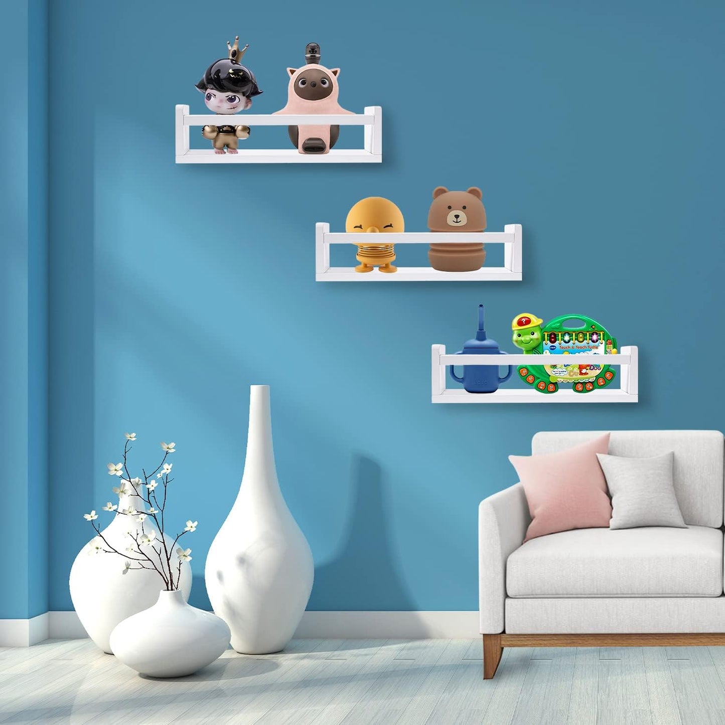 Nursery Floating Shelves for Kids Room, Set of 3 Wall Book Shelves for Kitchen Living Room, Book Shelf Wall Mounted for Baby Kids Bedoom Bathroom (White, 16inch Set 3)