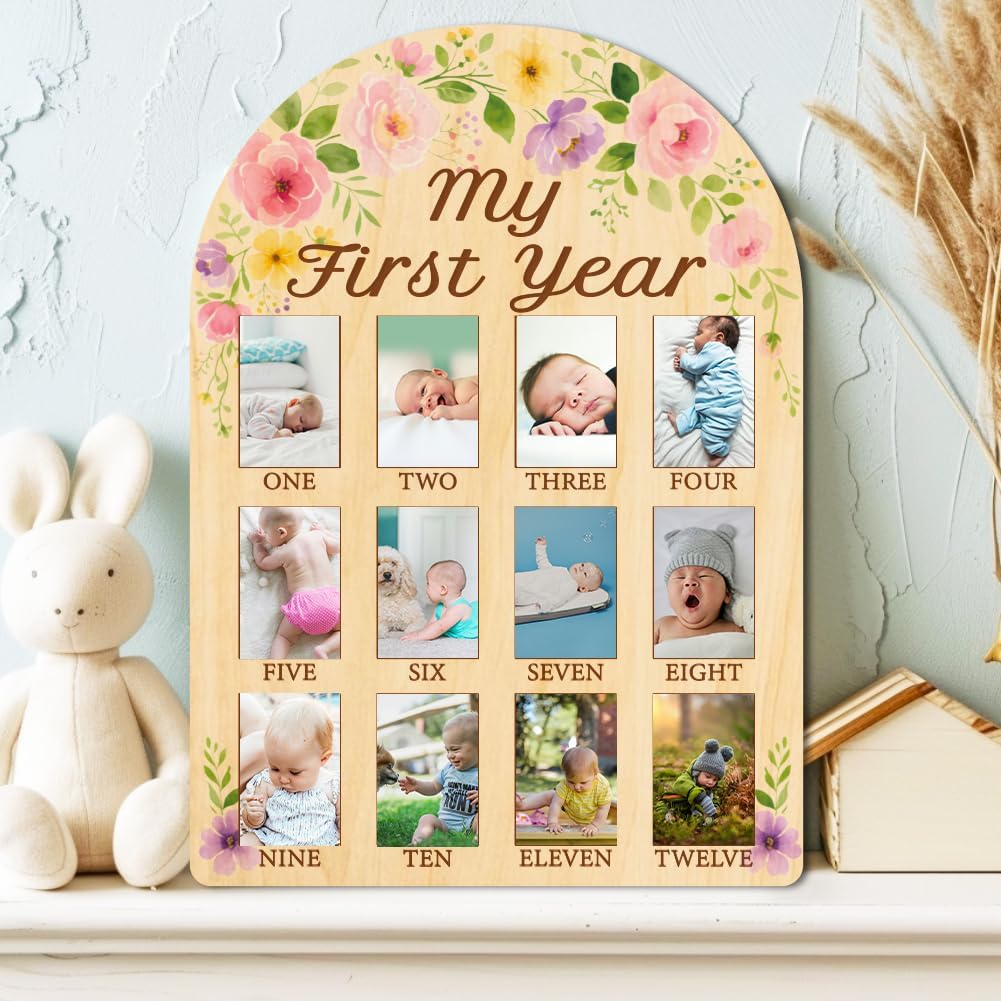 ORIGACH My First Year Baby Growth Photo Display Wood Board - 12 Months Newborn Milestones Photo Board - Neutral Baby Keepsake Board 1st Birthday Party Nursery Decor New Mom Gift - Flower