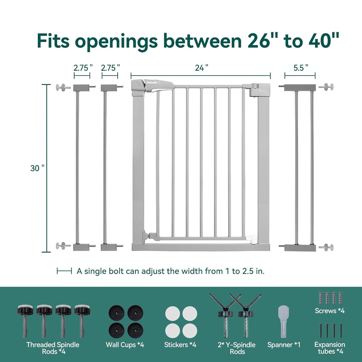 BABELIO 36-Inch Tall Baby Gate, 26-40" Wide Auto-Close Pet Gate, Easy Install and No-Drilling, Pressure Mounted with Wall Protectors and Extension Kits, Gray