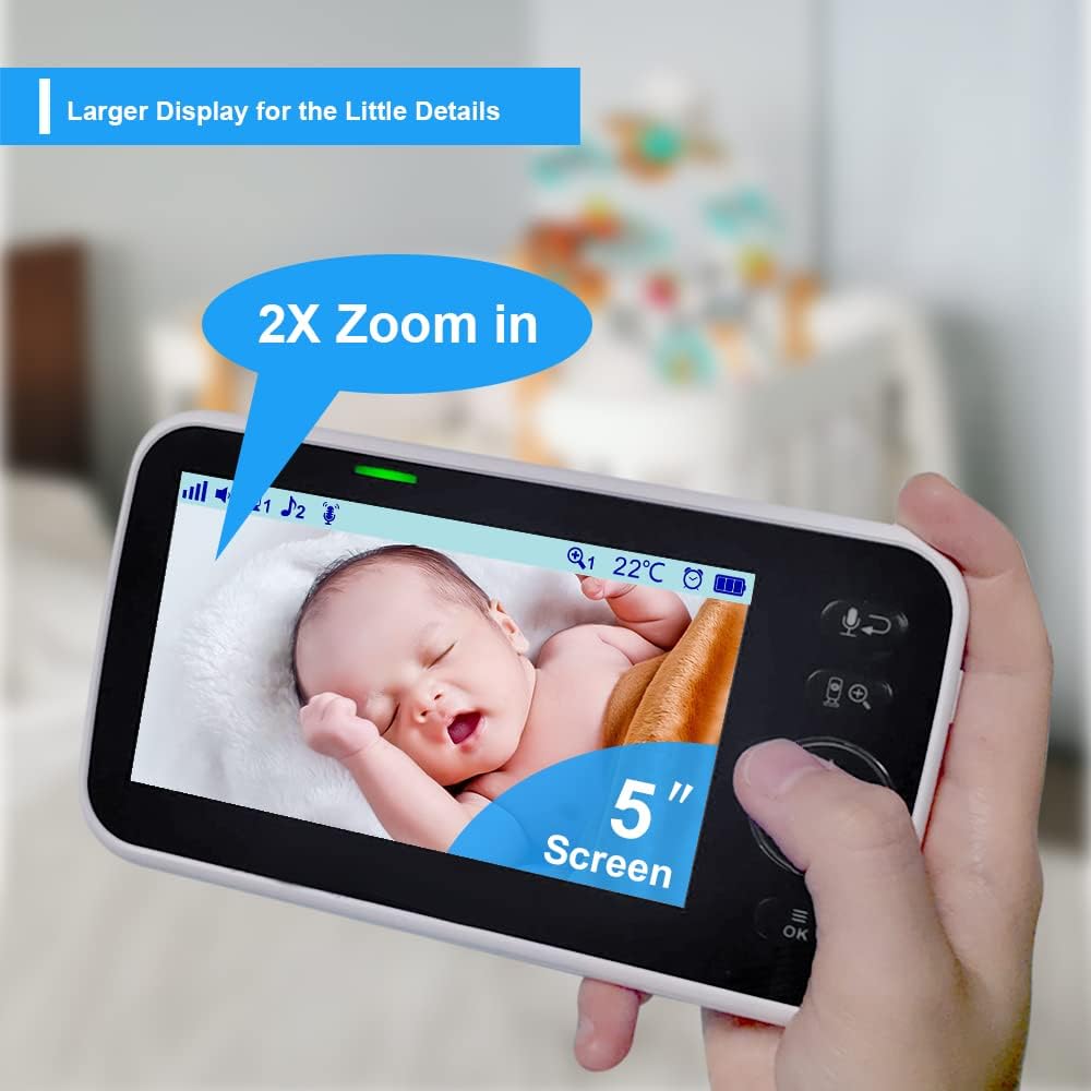 HelloBaby No WiFi Baby Monitor 5" Screen 30-Hour Battery Pan-Tilt-Zoom Video Upgrade with Camera and Audio, Night Vision, VOX, 2-Way Talk, 8 Lullabies and 1000ft Range