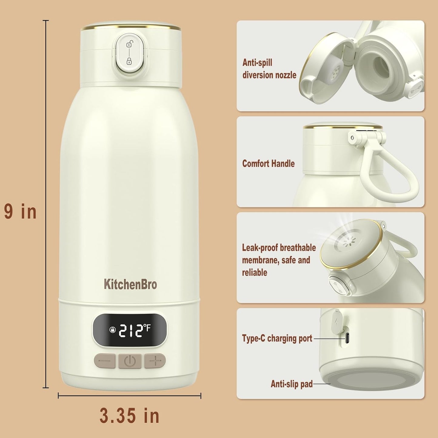 Portable Bottle Warmer for Travel-Various Heating Modes for Breast Milk& Water&Tea. 17 Ounces Large Capacity Portable Milk Warmer for Baby,Fast Heating Speed and Long Battery Life with High Capacity