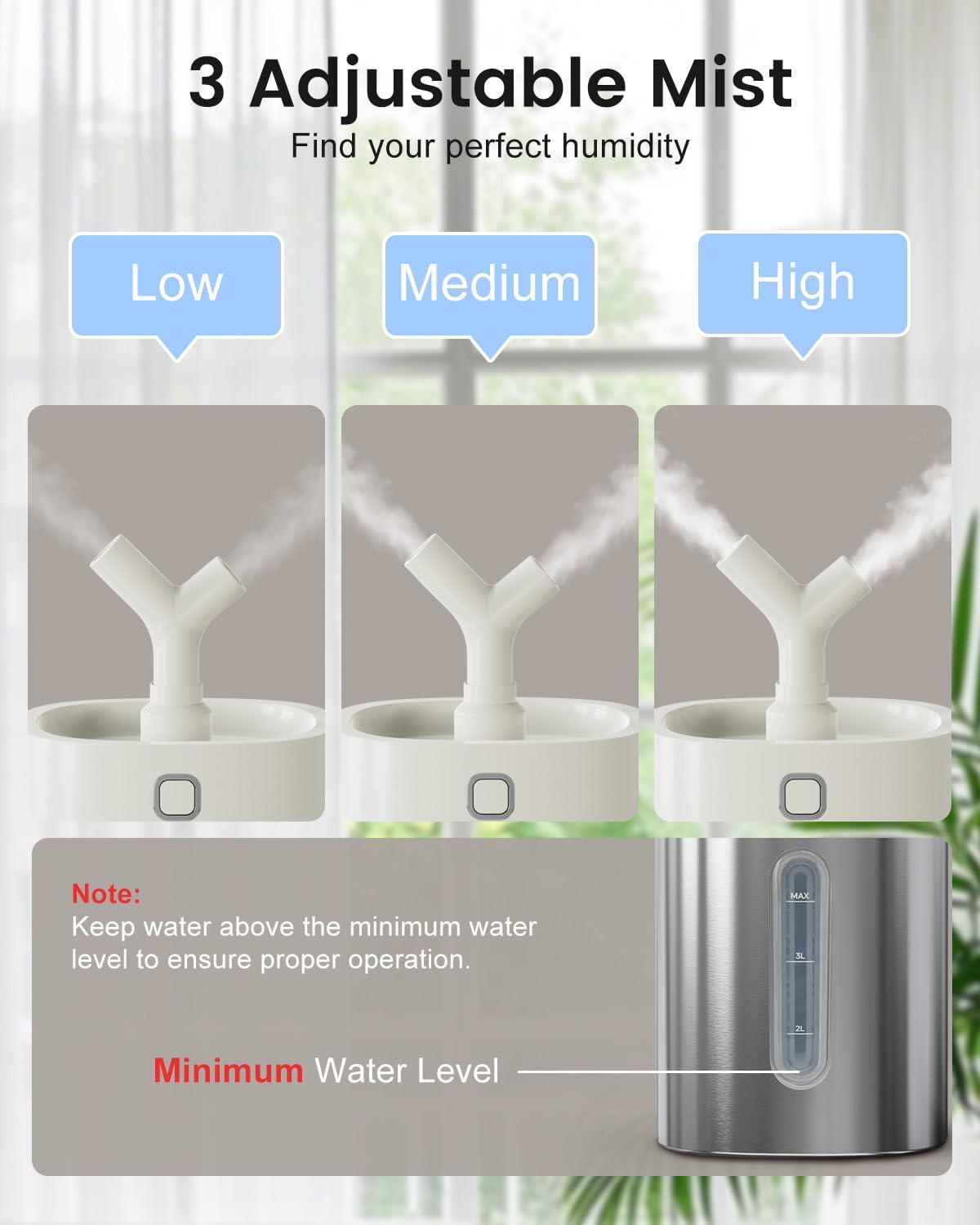 Feekaa Stainless Steel Humidifier Easy Clean, 4L/1Gal Cool Mist Humidifiers for Bedroom up to 500 sq ft, Dishwasher Safe Humidifier Large Room, Humidifiers for Bedroom Baby Nursery Living Room Office