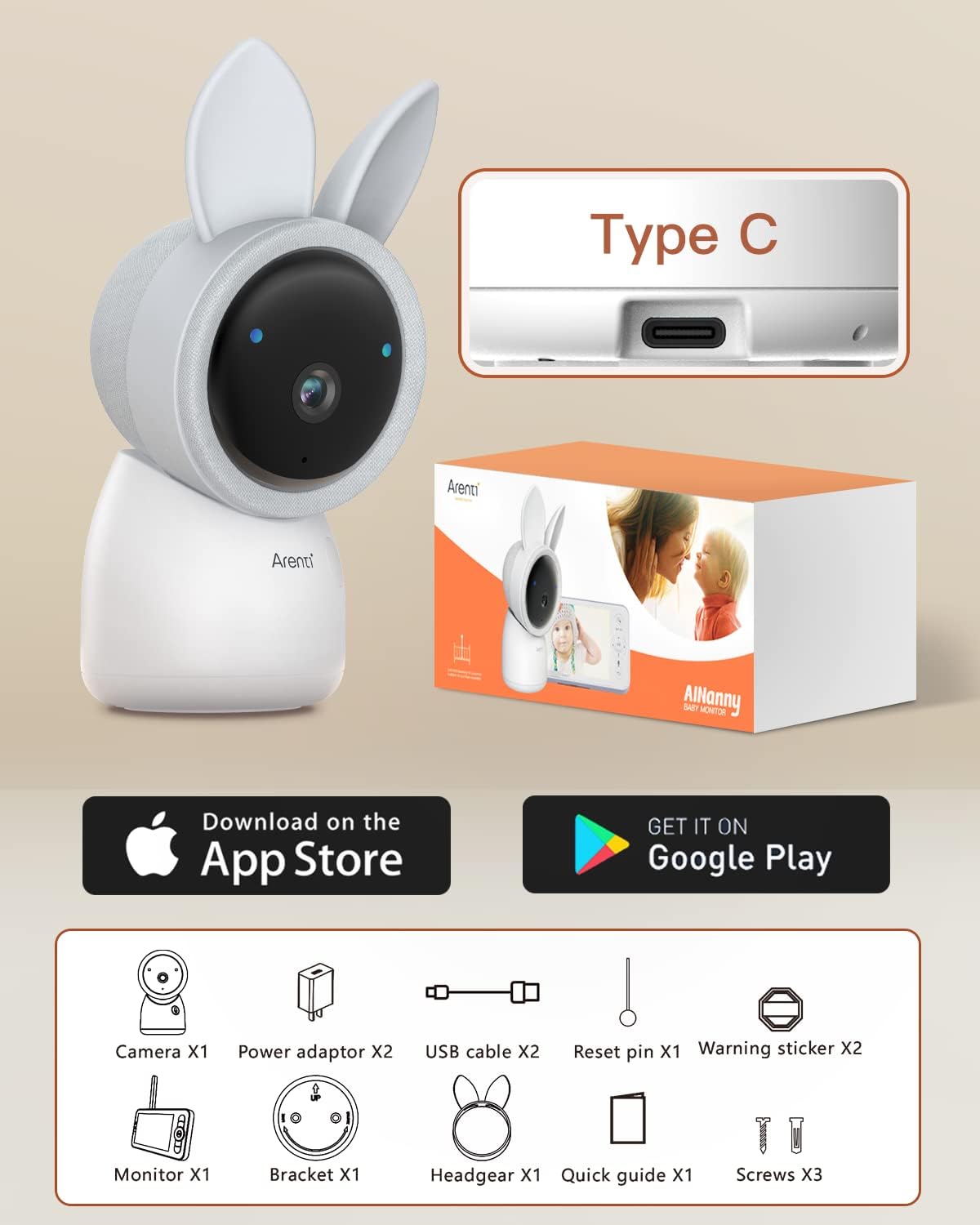 ARENTI Baby Monitor 2 Cameras, 2K Video Baby Camera with 5-Inch Upgraded Wireless Display, Super Night Vision, Lullabies, Cry & Motion Detection, Temp & Humidity Sensor, Two Way Audio