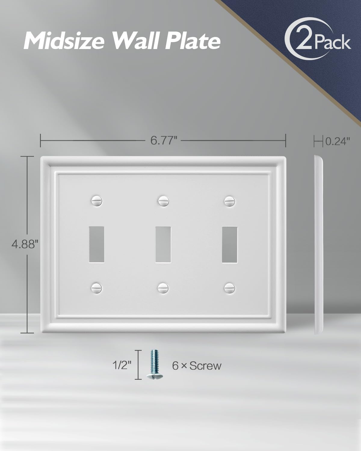 2-Pack Triple Toggle Light Switch Cover Plate, Metal Switch Plate Covers, Off White Wall Plate, 6.77''*4.88'', Midsize