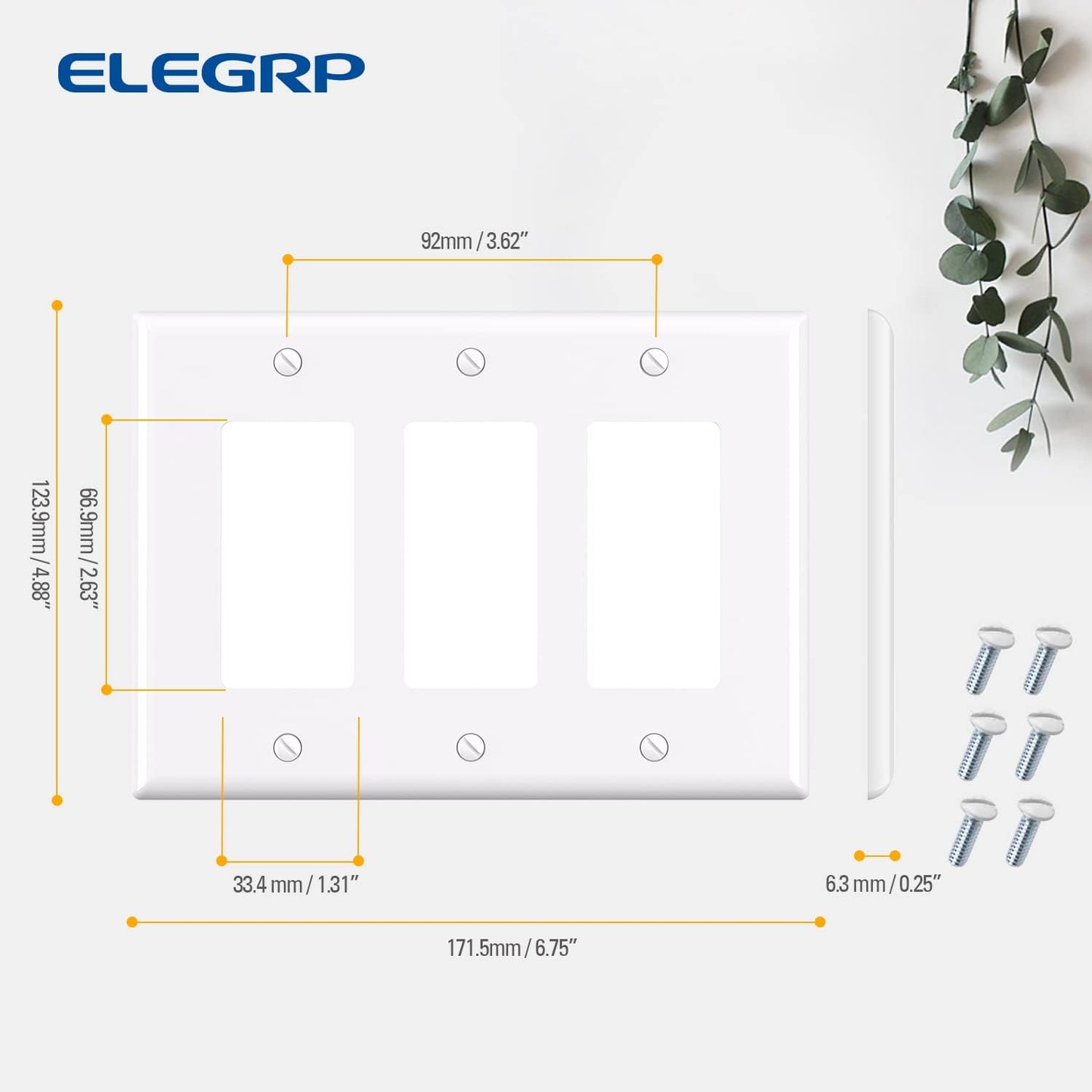 ELEGRP 3-Gang Decorative Wall Plates, Mid-Size 4.88" H x 6.75" L Unbreakable Thermoplastic Faceplate Cover for Decorator Receptacle Outlet Switch, UL Listed (2 Pack, Glossy White)