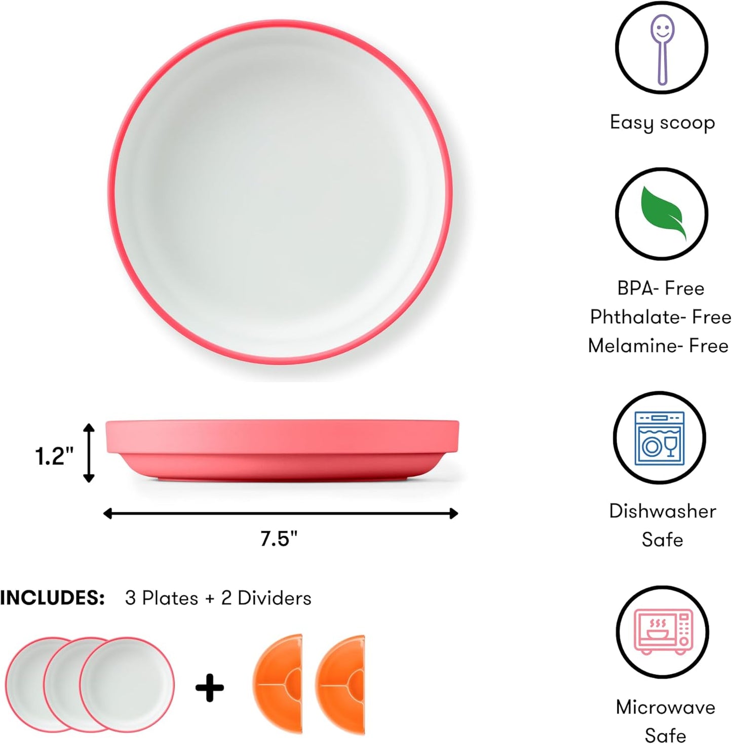 Omie® Easy Scoop Plates for Kids | Unique Design Helps Food Fall into the Spoon, Not on the Table | Made from Plants | 3 Plates + 2 Silicone Dividers | Pink