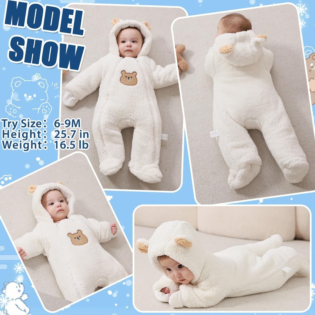 Fairy Baby Newborn Baby Winter Snowsuit Bear Thick Romper Footie Double Zip Hooded Jumpsuit Fleece Coat Infant Boy Girl 0-12M