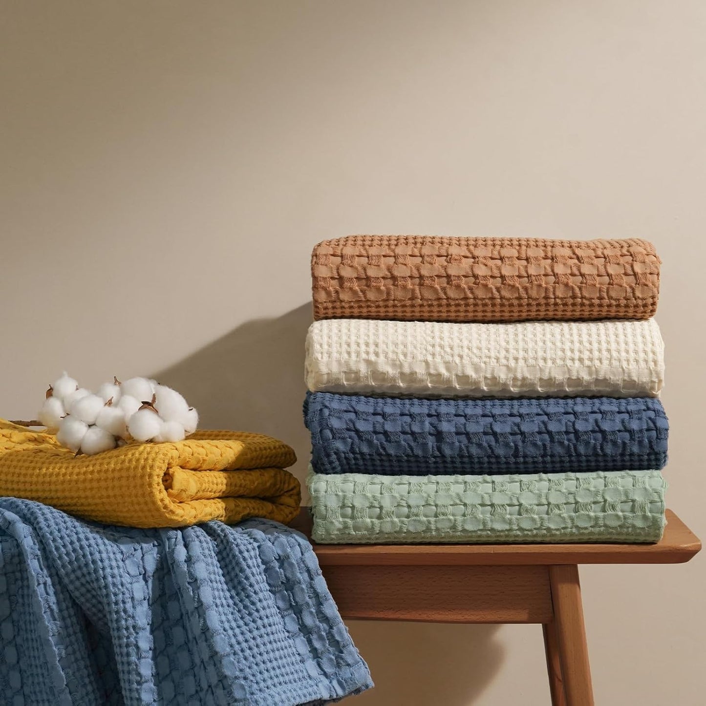 PHF 100% Cotton Waffle Weave Blanket Queen Size, Soft Lightweight Breathable Cozy Summer Blankets for Bed, Luxury Aesthetic Woven Bedding for Home Decor, 90"x90", Camel