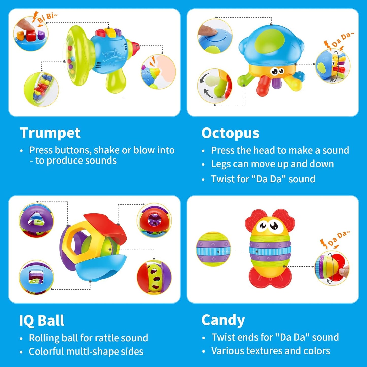 MOONTOY 7pcs Baby Rattles Toy Set, Baby Toys 0-6 Months Infant Toys 6-12 Months Teethers for Babies 3-6 Months Easter Basket Stuffers, Sensory Teething Toys 0 1 2 3 4 5 6 Month Newborn Boy Girl Gifts