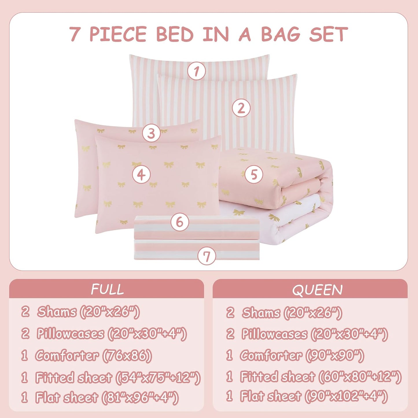 Queen Comforter Set with Sheets for Girls-7 Pieces Queen Bedding Sets with Pink Comforter, Sheets, Pillowcases & Shams for Kids (Pink Gold Bow, 90" X 90")