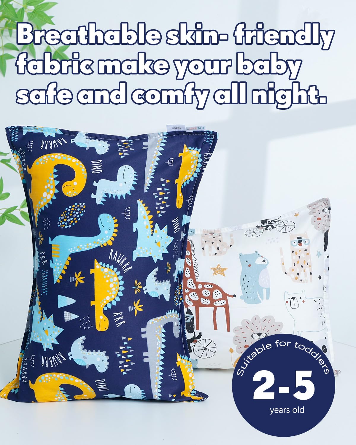 ALVABABY Toddler Pillowcases 2 Pack Organic Cotton Kids Pillow Cover Fit 13"x 18" or 12"x18" Envelope for Girl Boy Sleepy Travel