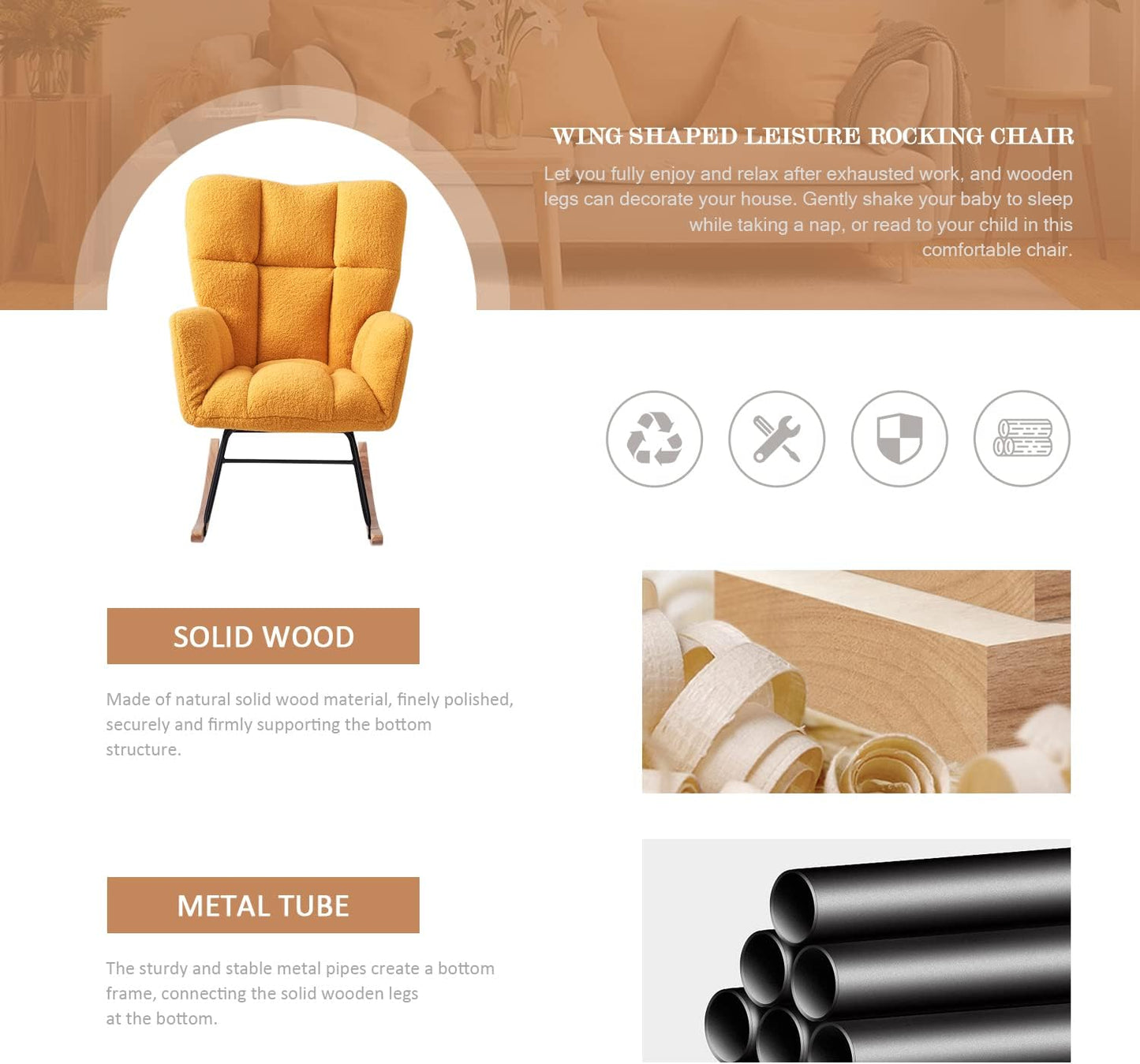 Nursery Rocking Chair, Teddy Upholstered Glider Rocker with High Backrest Armchair, Modern Rocking Accent Chairs for Nursery, Living Room, Bedroom, Offices (Yellow)