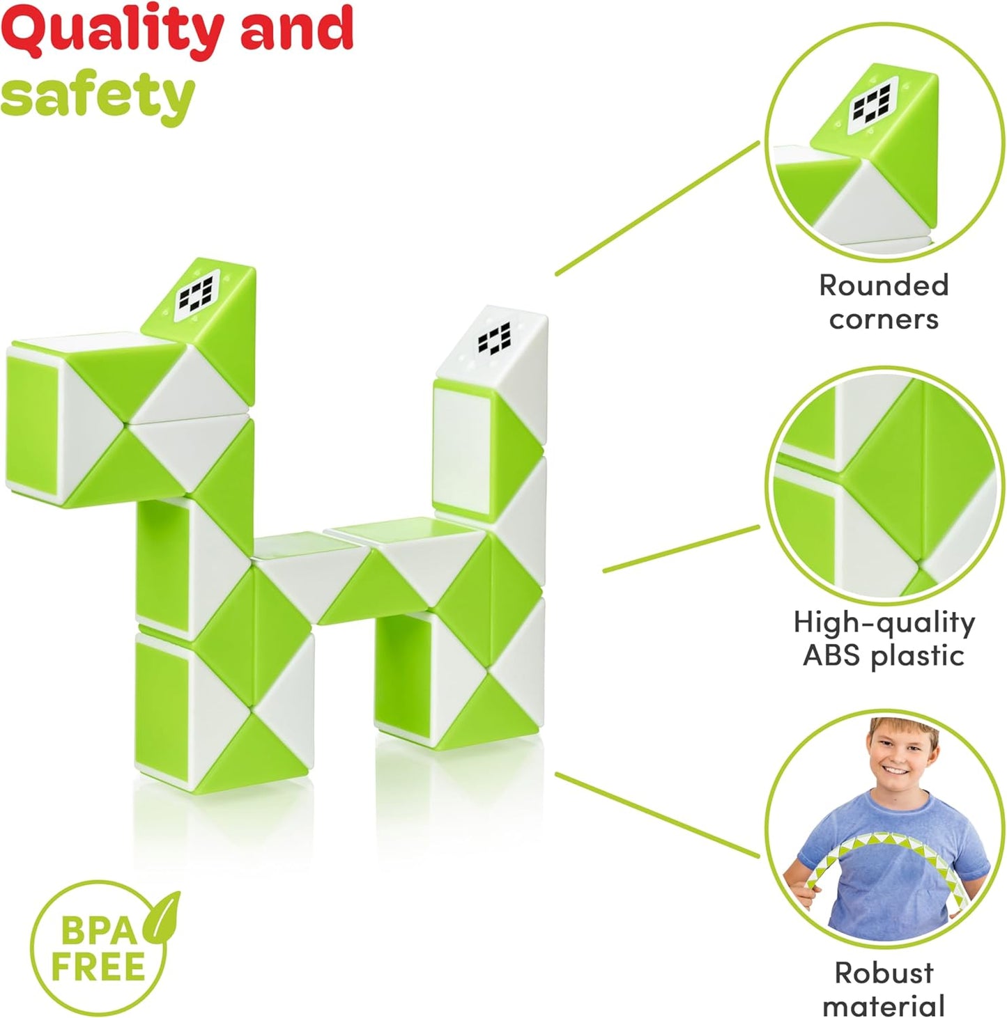 CUBIDI® Magic Snake Cube | Fidget Snake Toy for Kids | Travel Toys for Kids Ages 4-8 | Great Gift for Boys and Girls Birthday, Christmas, Stocking Stuffers - 24 Blocks | 0.9 inch x 0.7 inch | Green