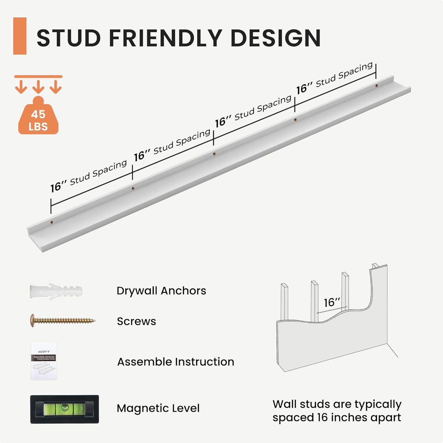 Picture Ledge Shelf, 72 inch Solid Ash Wood Floating Shelves Set of 2, Picture Ledge Ledge Wall Mounted for Living Room Kids' Room Bedroom, Color White