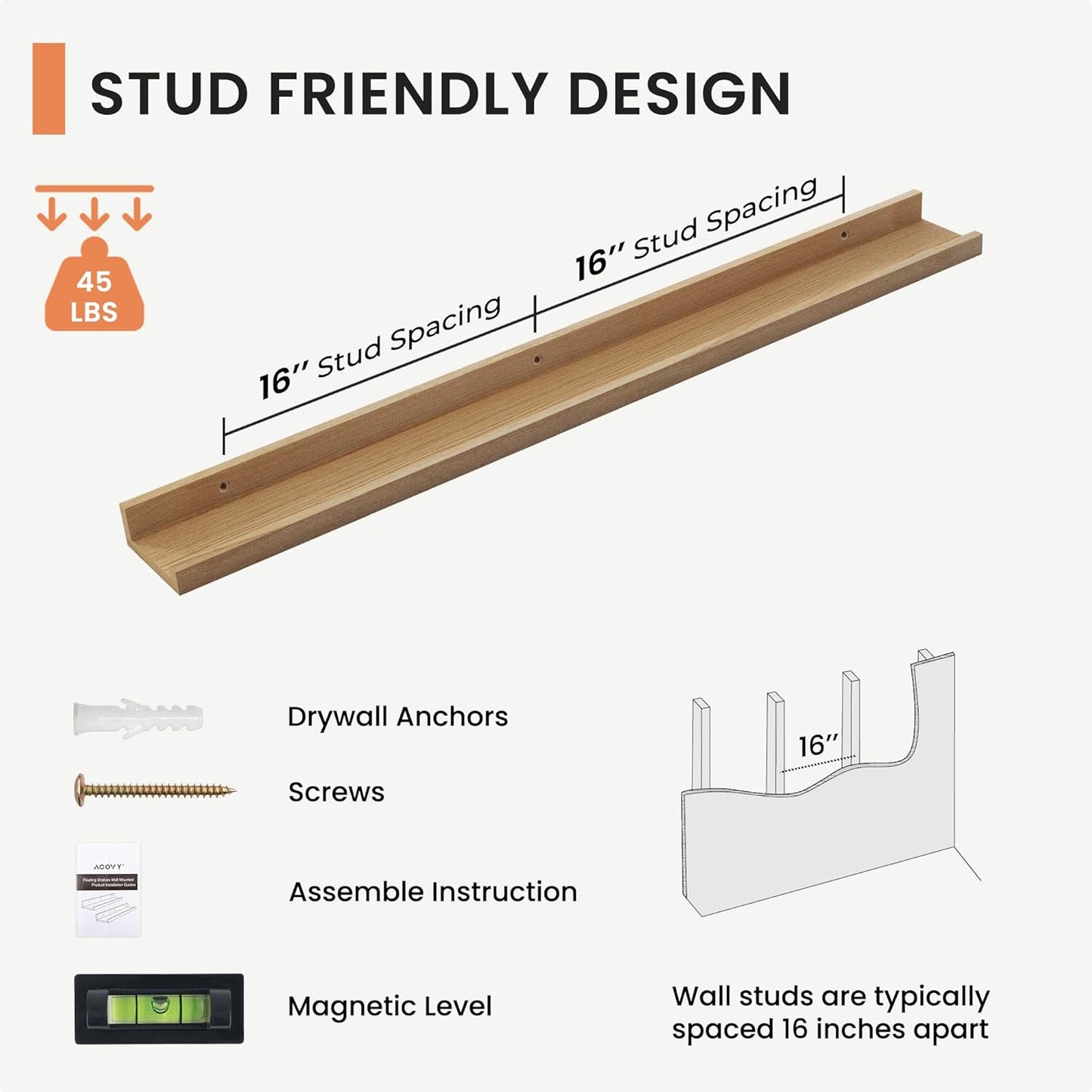 Solid Ash Wood Picture Ledge Shelf, Wood Floating Shelves Set of 2, 48 Inch Long Large Photo Ledge Shelves, Nursery Book Shelves Wall Mounted for Living Room Kids' Bedroom Decor, Natural