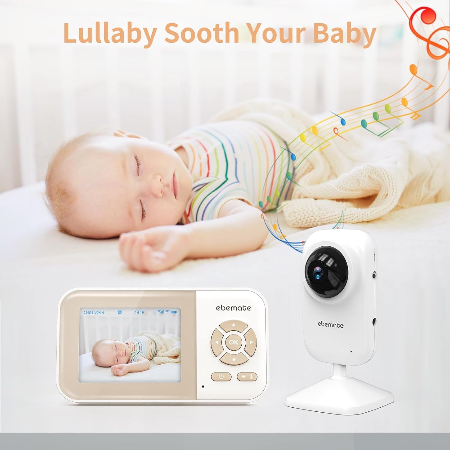 ebemate Video Baby Monitor Camera with 2 Camera,2.8" LCD Screen Video & Audio No Glow Night Vision,2-Way Talk Audio Cam Baby Monitoring 1200FT Range EBE28-2