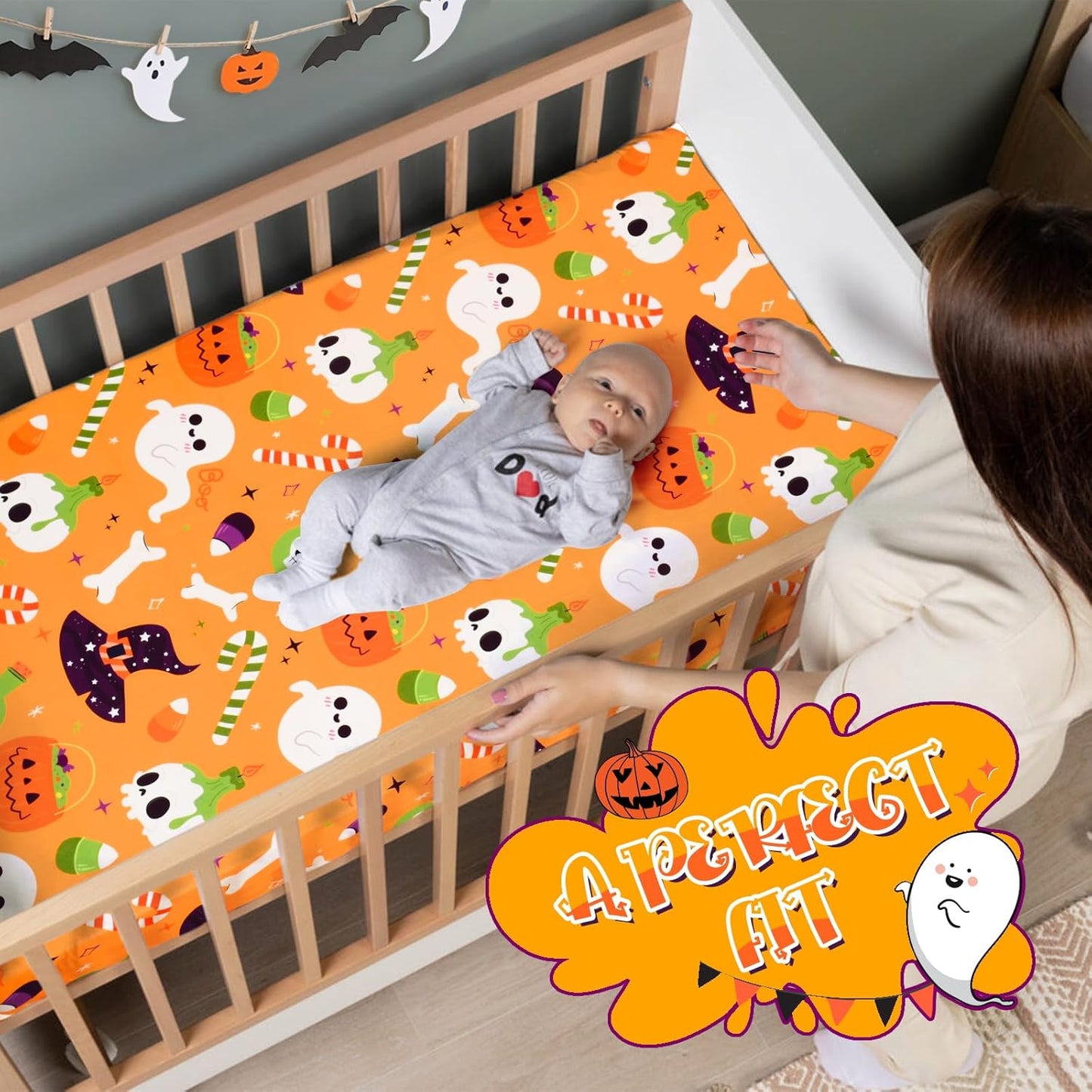 UOMNY Halloween Pumpkin Crib Sheet for Boys Girls Halloween Fitted Crib Sheets for Standard Crib 52 X 28 Inch Toddler Crib Mattresses Sheet, Purple Hat