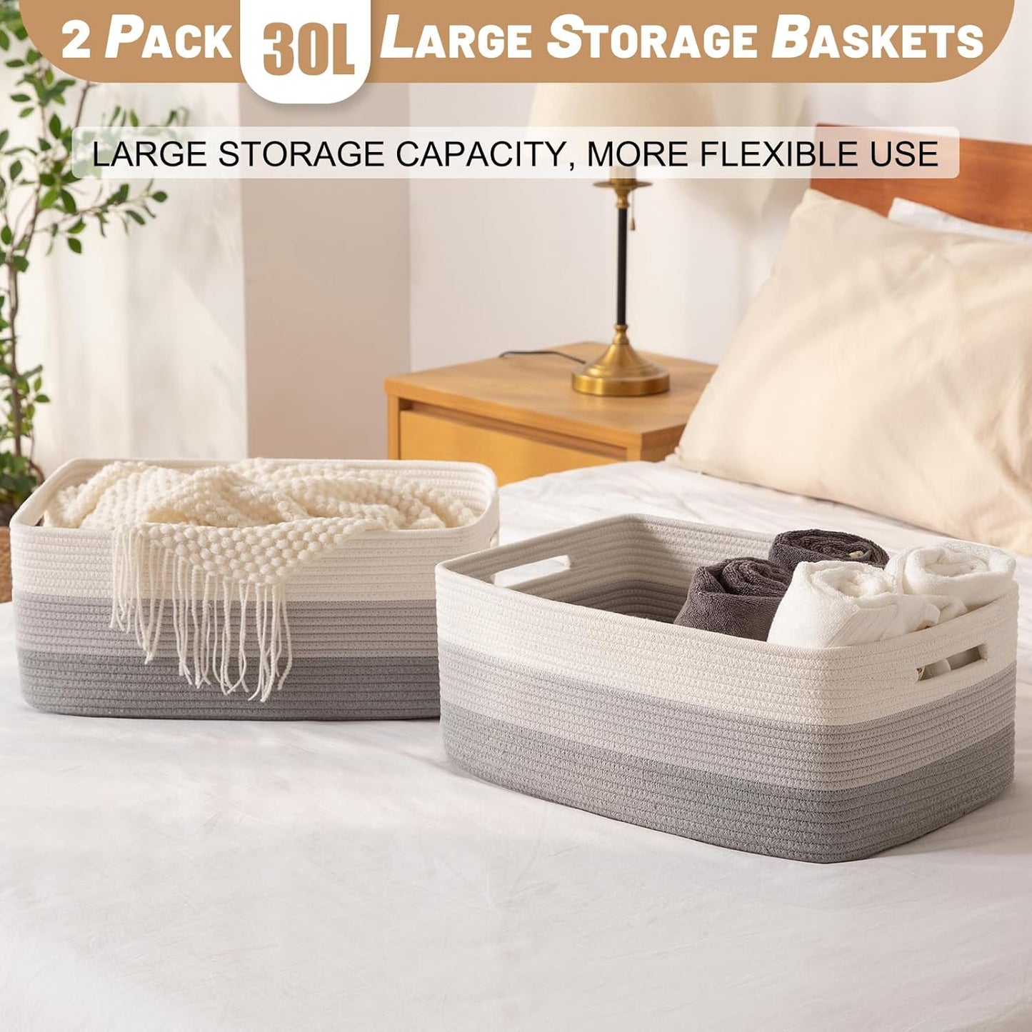 Large Storage Basket for Organizing, Woven Rope Basket for Shelves, Closet Organizer Bins for Clothes, Blanket, Toys, Baby Nursery Storage, 17.7" x 13" x 7.87", 3 Packs Gradient Grey