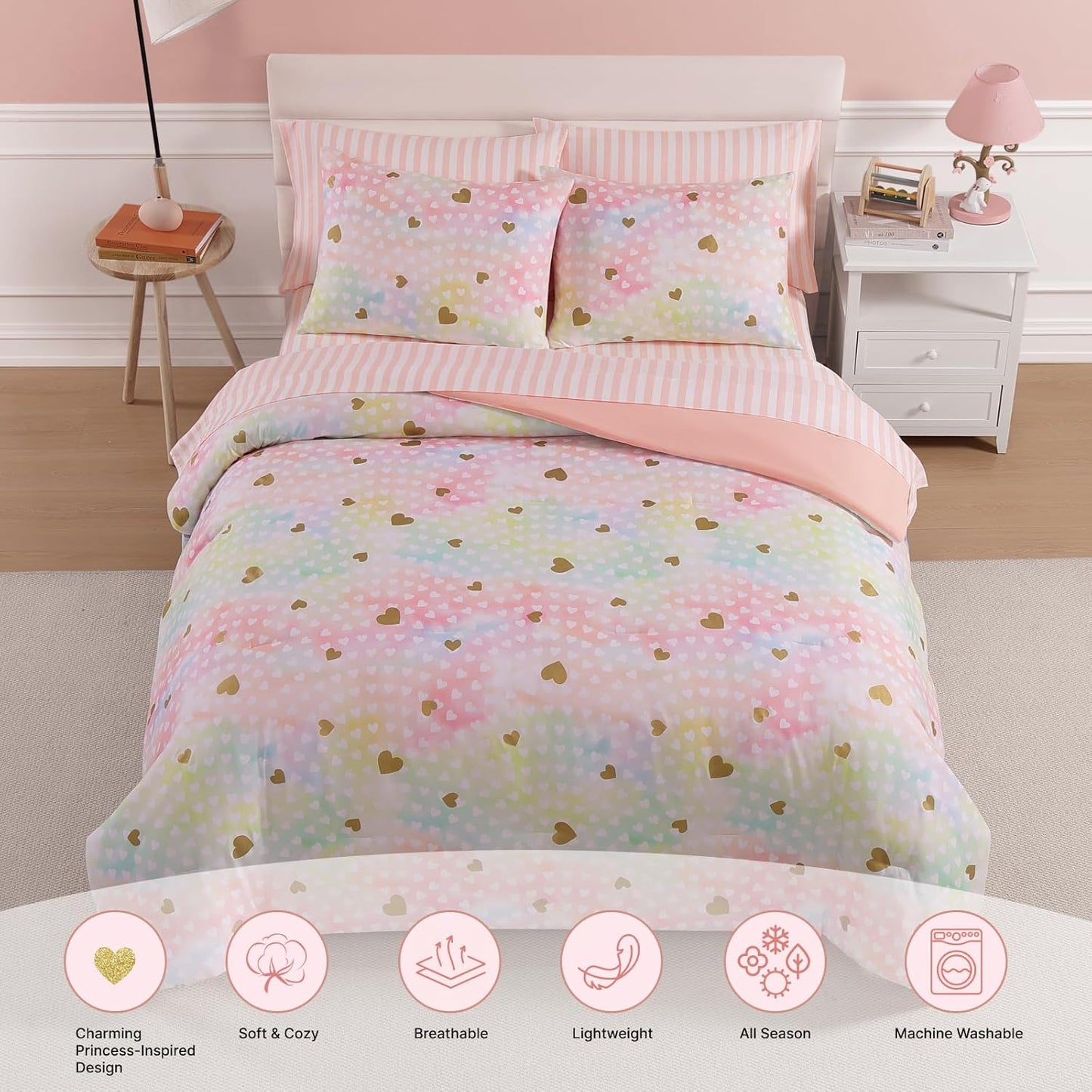 Queen Comforter Set with Sheets for Girls-7 Pieces Queen Bedding Sets with Pink Comforter, Sheets, Pillowcases & Shams for Kids (Colorful Gold Heart, 90" X 90")