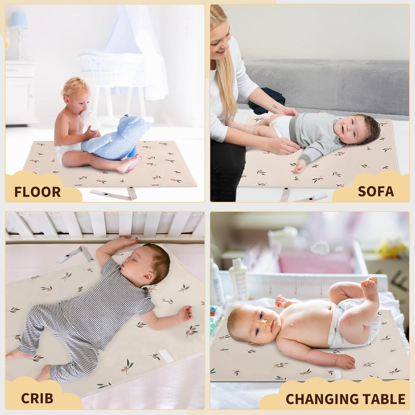 Vegan Leather Portable Changing Pad - Waterproof Compact Baby Changing Mat - Foldable Travel Diaper Changing Pad, Newborns Shower Gifts (Olive Branch with Strap, 20"*28")