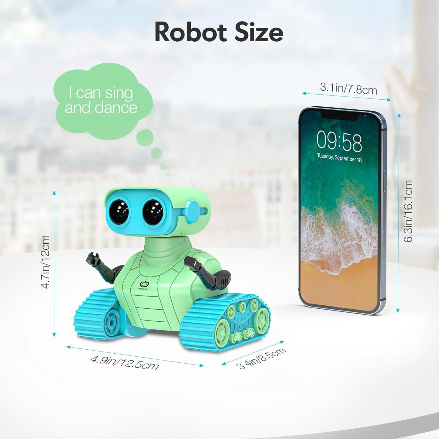 ALLCELE Robot Toys, Rechargeable RC Robots for Kids Boys, Remote Control Toy with Music and LED Eyes, Ideal Gift for Children-Green Blue