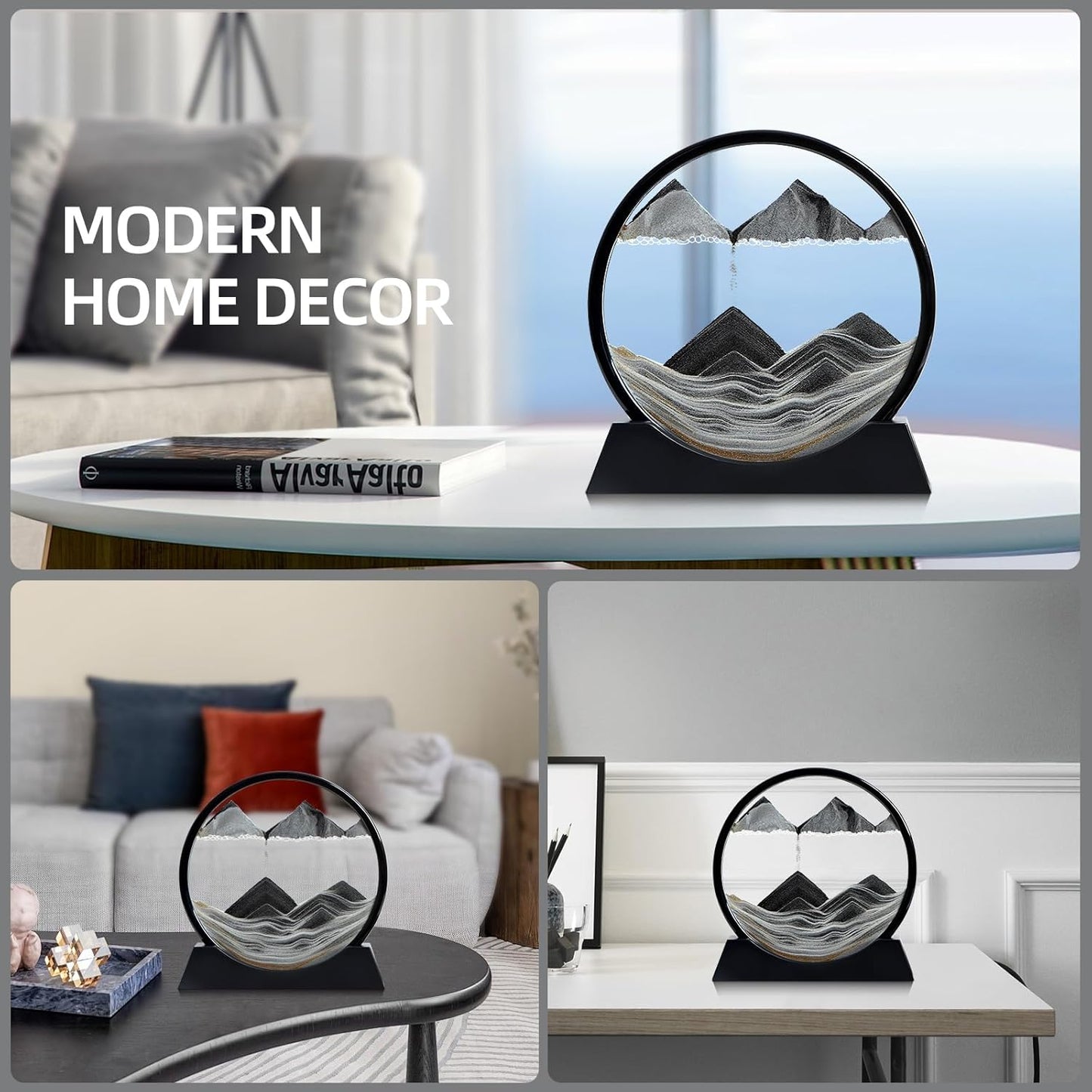 KPNUWN Moving Sand Art Liquid Motion, 3D Deep Sea Sandscape Color Quicksand Decor, Round Glass Moving Sand Art Picture Relaxing Desktop Home Office Work Decor (12 inch-Black)