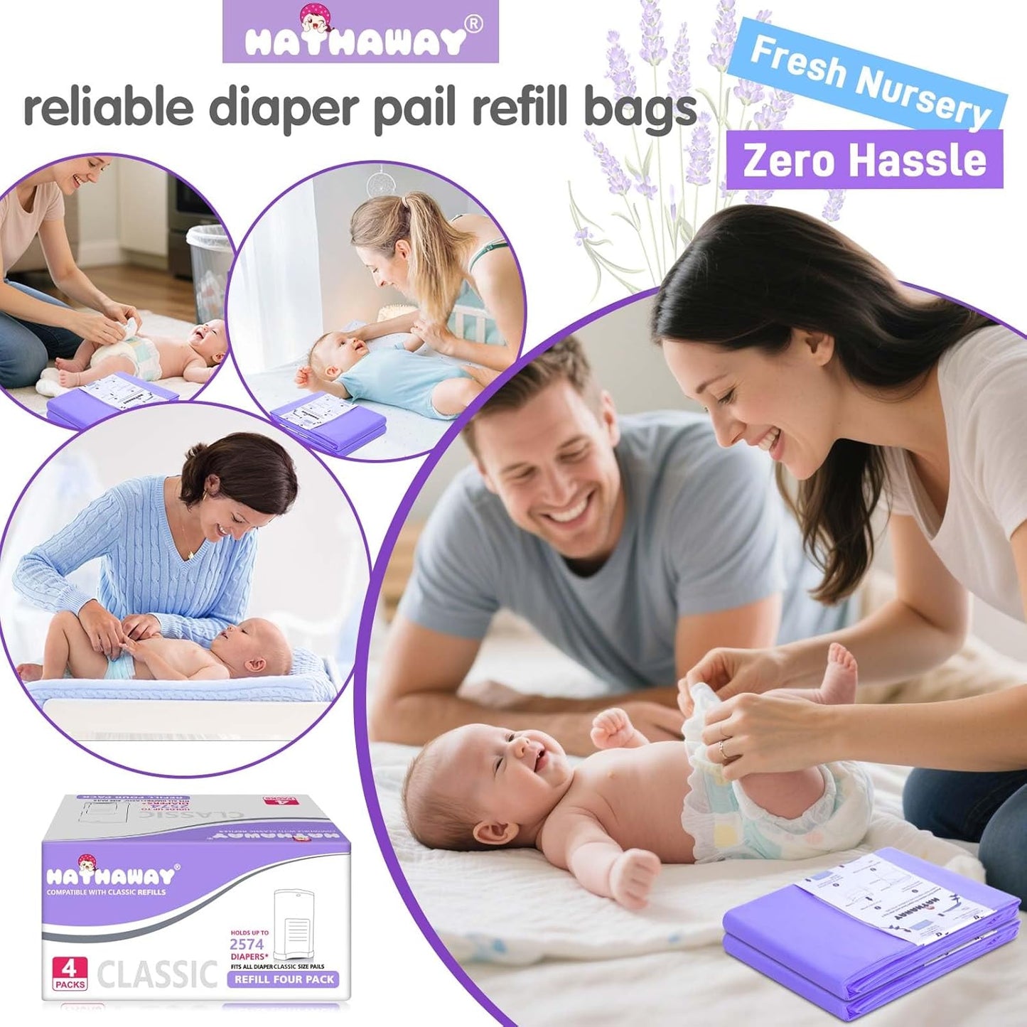 Refills Compatible with Dekor Classic, 30% Extra Length Diaper Pail Refills 4 Pack Diaper Pail Liners Lavender Scent