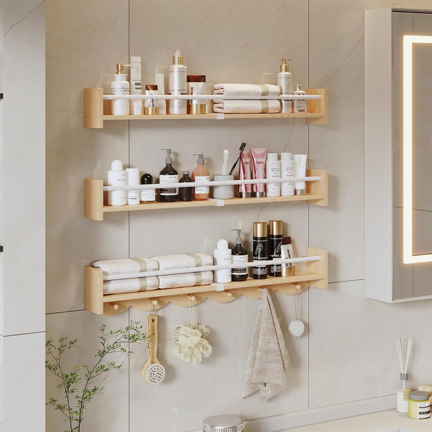 Nursery Bookshelves Wall Mounted,34inch,Set of 3, Floating Shelf Kids Coat Rack with 6Hooks,Hanging Shelf for Baby Nursery Room Décor, Patent Number: 29924445,Burlywood