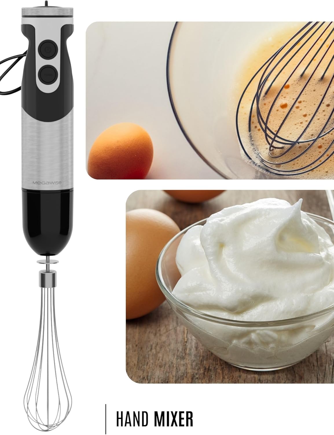 Megawise High-Power Hand Blender – 400W Max Power with Versatile 3-in-1 Attachments (Blending Shaft, Whisk, Chopper); Ergonomic Design with Adjustable Speed Control; Easy to Clean and Maintain (Black)