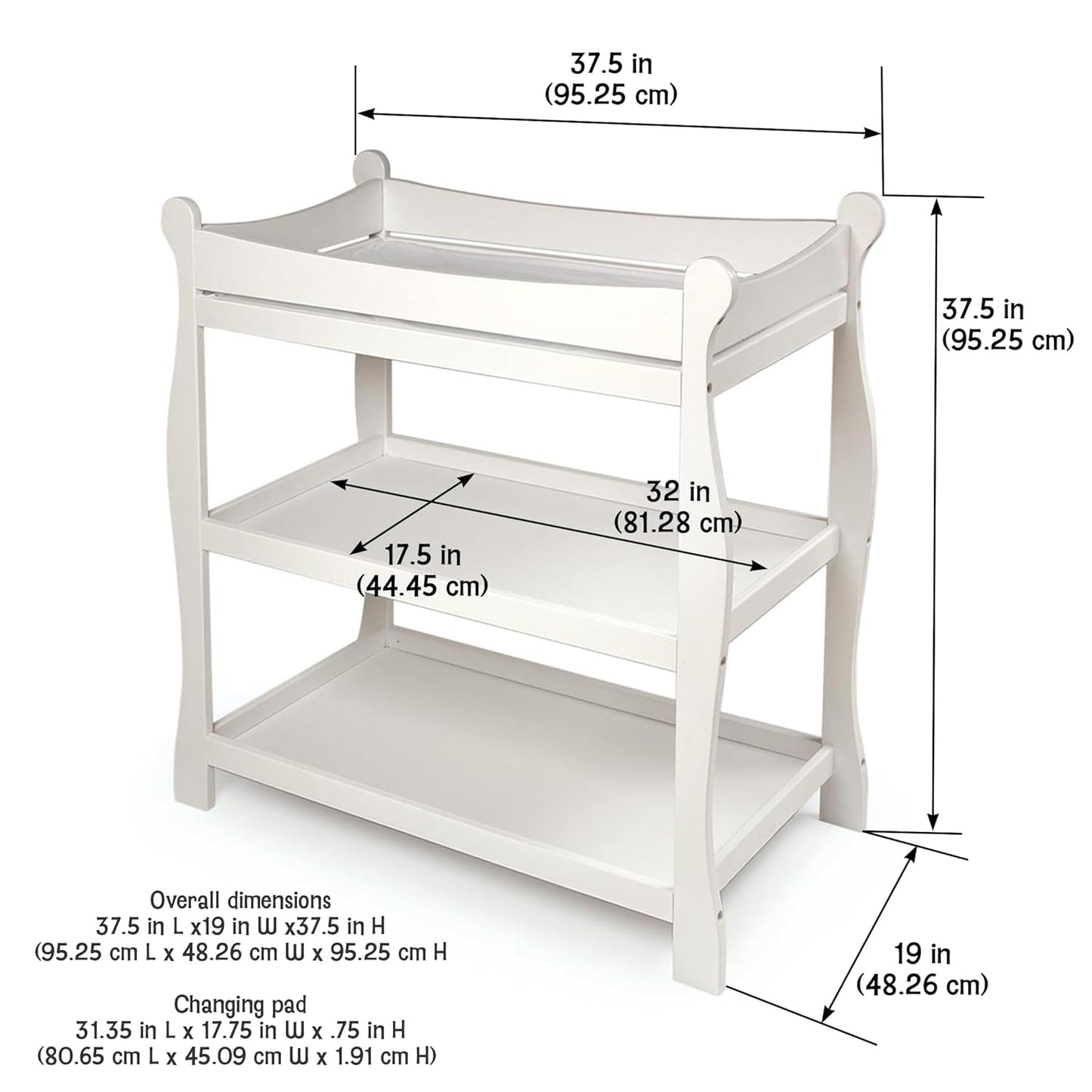 Badger Basket Sleigh Style Baby Changing Table - Nursery Diaper Station with Safety Rails, Foam Pad, and Two Storage Shelves - Nursery Organizer - White
